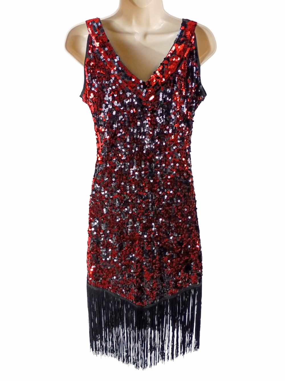 Red And Black Sequin Fringe V-Neck Flapper Party Dress - Picture 6 of 10